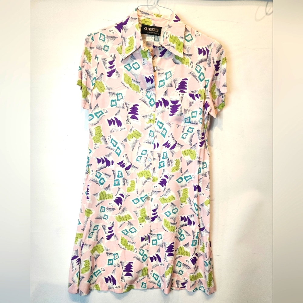 Vintage 90s Retro Look New Colorful Patterned Dress Collared Abstract Size 8